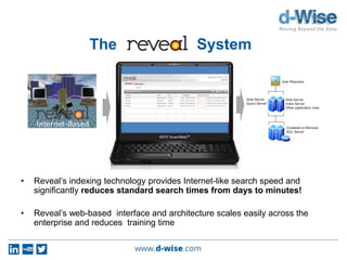 The
• Reveal’s indexing technology provides Internet-like search speed and
significantly reduces standard search times from days to minutes!
• Reveal’s web-based interface and architecture scales easily across the
enterprise and reduces training time
System
Internet-Based
 