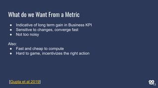 What do we Want From a Metric
● Indicative of long term gain in Business KPI
● Sensitive to changes, converge fast
● Not too noisy
Also:
● Fast and cheap to compute
● Hard to game, incentivizes the right action
[Gupta et al 2019]
13
 