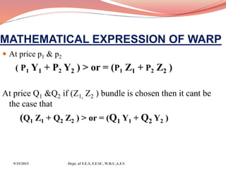 MATHEMATICAL EXPRESSION OF WARP
 At price p1 & p2
( P1 Y1 + P2 Y2 ) > or = (P1 Z1 + P2 Z2 )
At price Q1 &Q2 if (Z1, Z2 ) bundle is chosen then it cant be
the case that
(Q1 Z1 + Q2 Z2 ) > or = (Q1 Y1 + Q2 Y2 )
9/15/2015 Dept. of F.E.S, F.F.SC, W.B.U.A.F.S
 