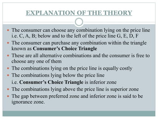EXPLANATION OF THE THEORY
 The consumer can choose any combination lying on the price line
i.e. C, A, B; below and to the left of the price line G, E, D, F
 The consumer can purchase any combination within the triangle
known as Consumer’s Choice Triangle
 These are all alternative combinations and the consumer is free to
choose any one of them
 The combinations lying on the price line is equally costly
 The combinations lying below the price line
i.e. Consumer’s Choice Triangle is inferior zone
 The combinations lying above the price line is superior zone
 The gap between preferred zone and inferior zone is said to be
ignorance zone.
 