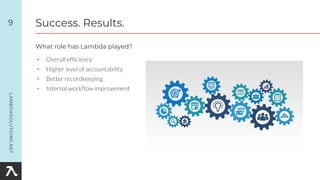 • Overall efﬁciency
• Higher level of accountability
• Better recordkeeping
• Internal workﬂow improvement
9
What role has Lambda played?
Success. Results.
 