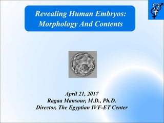 Revealing Human Embryos:
Morphology And Contents
April 21, 2017
Ragaa Mansour, M.D., Ph.D.
Director, The Egyptian IVF-ET Center
 