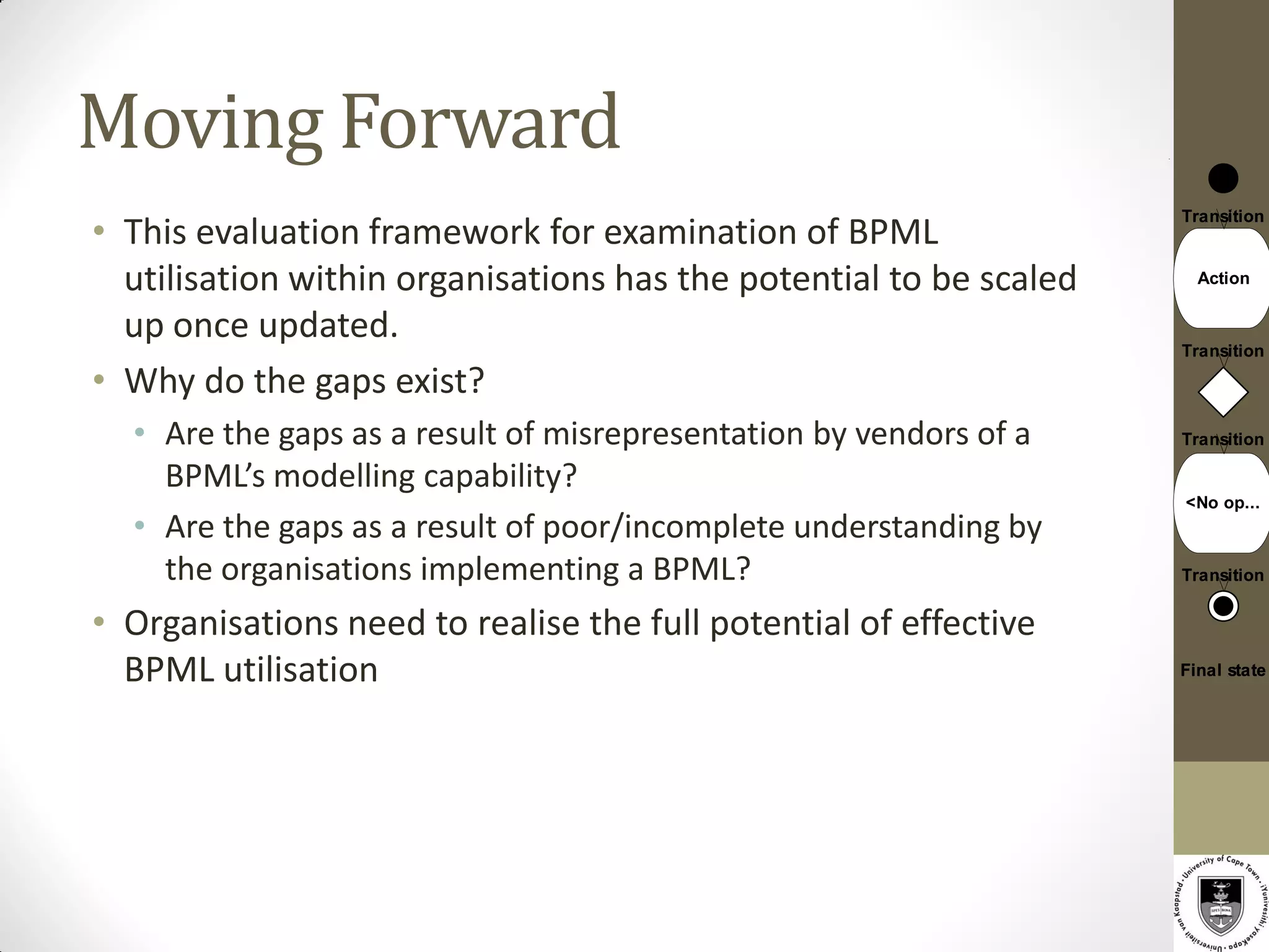 Moving Forward
• This evaluation framework for examination of BPML
                                                                    Transition


  utilisation within organisations has the potential to be scaled     Action


  up once updated.
                                                                    Transition

• Why do the gaps exist?
  • Are the gaps as a result of misrepresentation by vendors of a   Transition

    BPML’s modelling capability?
                                                                    <No op...
  • Are the gaps as a result of poor/incomplete understanding by
    the organisations implementing a BPML?                          Transition


• Organisations need to realise the full potential of effective
  BPML utilisation                                                  Final state
 