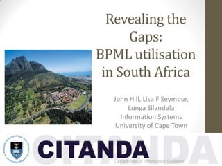 Revealing the
      Gaps:
BPML utilisation
 in South Africa
  John Hill, Lisa F Seymour,
       Lunga Silandela
    Information Systems
   University of Cape Town
 