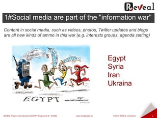 REVEAL Project: Co-funded by the EU FP7 Programme Nr.: 610928 www.revealproject.eu © 2014 REVEAL consortium 5
1#Social media are part of the "information war"
Content in social media, such as videos, photos, Twitter updates and blogs
are all new kinds of ammo in this war (e.g. interests groups, agenda setting)
Egypt
Syria
Iran
Ukraina
 