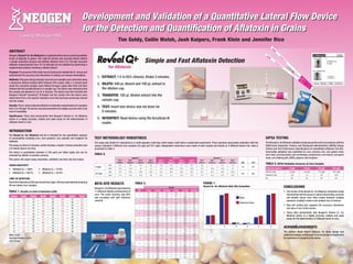 Development and Validation of a Quantitative Lateral Flow Device
                                                                             for the Detection and Quantification of Aflatoxin in Grains
            Lansing, Michigan USA
                                                                                                              Tim Goldy, Coilin Walsh, Josh Kuipers, Frank Klein and Jennifer Rice

ABSTRACT
Neogen’s Reveal® Q+ for Aflatoxin is a rapid lateral flow device used to quantitate

                                                                                                                                                  Simple and Fast Aflatoxin Detection
levels of aflatoxin in grains. This rapid (6 minute) and accurate device utilizes
a simple extraction process and detects aflatoxin from 2 to 150 ppb. Accurate
aflatoxin measurements from 151 to 400 ppb can be obtained by performing a
supplemental analysis involving a diluted extract.                                                  for Aflatoxin
Purpose: The purpose of this study was to develop and validate the Q+ device and
demonstrate the accuracy and robustness in testing corn-based commodities.  
                                                                                         1.	 EXTRACT: 1:5 in 65% ethanol; Shake 3 minutes.
Methods: Fifty gram (50 g) naturally-incurred corn samples were extracted using
a denatured ethanol solution (65% ethanol / 35% water). After a 3 minute hand
shake the extracted samples were filtered through a glass fiber filter and then
                                                                                         2.	 DILUTE: 500 µL diluent and 100 µL extract in
diluted with the provided diluent in a sample cup. The device was introduced into            the dilution cup.
the sample and allowed to run for 6 minutes. The device was then inserted into
Neogen’s Reveal® AccuScan® III Reader and the results from the device were               3.	 TRANSFER: 100 µL diluted extract into the
determined from a lot-specific standard curve that had been previously entered
into the reader.                                                                             sample cup.
Results: The Q+ device detected aflatoxin in naturally contaminated corn samples
from 2 to 100 ppb. The device was demonstrated to be highly accurate with a low
                                                                                         4.	 TEST: Insert test device and set timer for
level of variability.                                                                        6 minutes.
Significance: These data demonstrate that Neogen’s Reveal Q+ for Aflatoxin
device is a highly accurate, reliable and rapid assay for the determination of           5.	 INTERPRET: Read device using the AccuScan III
aflatoxin levels in corn.                                                                    reader.

INTRODUCTION
The Reveal Q+ for Aflatoxin test kit is intended for the quantitative analysis
of commodities including corn, corn products, rice, peanuts and sorghum for           TEST METHODOLOGY ROBUSTNESS                                                                                                                                                                                                           GIPSA TESTING
aflatoxin.                                                                                                                                                                                                                                                                                                                  The Reveal Q+ for Aflatoxin validation study was performed in accordance with the
                                                                                      The assay was tested for robustness in a multi-operator, multi-day, multi-reader, multi-device randomized experiment. Three operators (previously unfamiliar with the
The assay run time is 9 minutes, which includes a simple 3 minute extraction and      assay) evaluated 2 different corn samples (4.5 ppb and 24.7 ppb). Independent extractions were made of each sample and tested on 3 different device lots. Data is                                                                     USDA-Grain Inspection, Packers and Stockyards Administration (GIPSA) Design
a 6 minute device run time.                                                           presented in Table 2.                                                                                                                                                                                                                 Criteria and Test Performance Specifications for Quantitative Aflatoxin Test Kits.
The device is quantitative between 2–150 parts per billion (ppb) and can be                                                                                                                                                                                                                                                 Commodity validation was submitted for corn, brewers rice, corn gluten meal,
extended by dilution of positive extracts.                                            TABLE 2.                                                                                                                                                                                                                              corn meal, corn/soy blend, corn screenings, cracked corn, corn starch, corn germ
                                                                                                                               Operator 1                                                      Operator 2                                                    Operator 3                                                     meal, corn flaking grits, DDGS, popcorn and sorghum.
This poster will report assay robustness, validation and beta site test results.                              Day 1        Day 1        Day 2        Day 2           Day 1                 Day 1        Day 2              Day 2           Day 1         Day 1        Day 2       Day 2
                                                                                                             Extract 1   Extract 2    Extract 1     Extract 2       Extract 1            Extract 2    Extract 1           Extract 2       Extract 1    Extract 2    Extract 1    Extract 2          AVG          %CV
CROSS-REACTIVITY                                                                                    AVG        3.6         3.8           3.6           3.9               3.8               3.3              3.7             3.8             3.6             4          3.4         3.4
                                                                                                                                                                                                                                                                                                                            TABLE 4. GIPSA Validation Accuracy on Corn Samples
                                                                                       4.5 ppb                                                                                                                                                                                                       3.7         17.7
                                                                                                    %CV        14.4        13.4          18                21            1.6               26.5             16.7            16.9            13.7         15.9         16.2          16                                      Reference material        4.6 ppb        9.8 ppb        18.6 ppb       104.3 ppb
•	 Aflatoxin B1 = 100%	 	        •	 Aflatoxin G1 = 74.9%
                                                                                                    AVG        23.7        22.4         25.8          22.9               24.1              22.5             25.8            22.3            24.7         22.3         23.9         28.9                                     Overall mean              4.2 ppb        8.5 ppb        17.6 ppb       102.2 ppb
•	 Aflatoxin B2 = 69.7%	 	       •	 Aflatoxin G2 = 20.4%                               24.7 ppb                                                                                                                                                                                                     24.1         16.7
                                                                                                    %CV        14.1        13.5         15.7           20                12.3              11.7             13.2            17.5            17.3         15.7         12.3         14.3                                     Overall st. dev.            0.9            1.4            2.6            18.3
LIMIT OF DETECTION                                                                                                                                                                                                                                                                                                          N=                          63             63             63              63

The limit of detection (LOD) was found to be 2 ppb. LOD was calculated by analyzing
48 non-detect corn samples.
                                                                                      BETA SITE RESULTS                            TABLE 3.                                                                                                       FIGURE 1.
                                                                                      Reveal Q+ for Aflatoxin was tested by                                                              Sample
                                                                                                                                                                                                                                                  Reveal Q+ for Aflatoxin Beta Site Evaluation                                                   CONCLUSIONS
                                                                                                                                       Site       4.5 ppb       24.7 ppb        Non detect        4.5 ppb      24.7 ppb      Non detect
TABLE 1. Results of Limit of Detection (LOD)                                          11 different industry professionals in
                                                                                                                                                    3.9           19.8             3.3              3.9             20             2.5
                                                                                                                                                                                                                                                                                                                                                 •	 The results of the Reveal Q+ for Aflatoxin robustness study
                                                                                      corn. The mean recovery was 92%                   1           5.1           18.7             2.4              5.8            17.4            2.6                                                                                                              demonstrate that the assay is robust and provides accurate
  Sample     Result    Sample     Result   Sample     Result    Sample    Result
                                                                                      and correlates well with reference                            4.5           20.3             2.1               5             20.4            2.2
                                                                                                                                                                                                                                                                                                   Mean                                             and reliable values even when tested between multiple
     1         0.5          13      0.8      25        0.3        37        0.1                                                                     6.3           7.7*             0.4              5.1            28.1            0.9
                                                                                      material.                                         2           8.1           24.3             1.2               4             30.8            0.8                                                                                                              operators, multiple readers and multiple lots of devices.
     2         1.5          14      0.2      26        0.3        38        0.1                                                                     5.8           24.6             1.1              3.6            31.8            1.2                                                             Reference Value
     3         0.4          15      3.4      27        0.9        39        0.9                                                                     5.2           28.3             0.5              4.1            21.3            0.1                                                                                                           •	 Beta site testing also supports the accuracy, robustness
                                                                                                                                        3           3.8           29.4             1.1              6.1            25.5            0.1
     4         1.4          16      1.4      28        1.5        40        0.0
                                                                                                                                                    4.5           23.3             0.4              5.8            34.8            0.5                                                                                                              and ease of use of this device.
     5         1.4          17      0.9      29        0.6        41        1.5                                                                     3.3           22.9             0.9               4              25              3
     6         0.3          18      0.6      30        0.1        42        0.9                                                         4           5.3           28.5             1.1              3.5            21.8             1                                                                                                            •	 These data demonstrate that Neogen’s Reveal Q+ for
     7          1           19      1.0      31        1.3        43        0.8
                                                                                                                                                    3.9            21              1.5              4.6            21.1            2.1                                                                                                              Aflatoxin device is a highly accurate, reliable and rapid
                                                                                                                                                    6.1           25.2             na*              4.3            20.7            1.2
     8         1.1          20      1.7      32        1.4        44        0.4                                                         5           3.8            28              2.2              4.2            28.8            1.4                                                                                                              assay for the determination of aflatoxin levels in corn.
                                                                                                                                                    3.8           30.2              2                4             23.7            1.1
     9         0.6          21      0.6      33        0.1        45        1.0                                                                     3.5           19.8             1.9              3.9            22.9            1.1                                                       NDA           NDA
    10         1.1          22      0.2      34        1.0        46        0.7                                                         6           4.1           26.8             1.7              3.8             25             0.6
    11         1.1          23      1.2      35        0.5        47        1.0
                                                                                                                                                   23.8*
                                                                                                                                                    4.7
                                                                                                                                                                  26.7
                                                                                                                                                                   29
                                                                                                                                                                                   1.5
                                                                                                                                                                                   0.5
                                                                                                                                                                                                    3.4
                                                                                                                                                                                                    3.2
                                                                                                                                                                                                                    21
                                                                                                                                                                                                                   30.2
                                                                                                                                                                                                                                   1.4
                                                                                                                                                                                                                                   0.4
                                                                                                                                                                                                                                                        1                    2               3             4            5         6              ACKNOWLEDGEMENTS
    12         0.4          24      0.5      36        0.6        48        1.4                                                         7           3.3           22.7             1.7              2.9             26             1.3                                                                                                           The authors thank Robert Gallavan for study design and
                                                                                                                                                    3.8           26.4             0.9              3.2            28.7            0.6
Mean: 0.828                                                                                                                                         3.9           20.5             1.1              2.4            22.4            0.6                                                                                                           statistical analysis, and Neogen’s Communications Department
Standard deviation: 0.610                                                                                                               8           3.1
                                                                                                                                                    2.6
                                                                                                                                                                  23.6
                                                                                                                                                                  24.3
                                                                                                                                                                                    1
                                                                                                                                                                                   0.6
                                                                                                                                                                                                    3.7
                                                                                                                                                                                                    3.3
                                                                                                                                                                                                                   19.8
                                                                                                                                                                                                                   24.5
                                                                                                                                                                                                                                   1.3
                                                                                                                                                                                                                                   1.6
                                                                                                                                                                                                                                                                                                                                                 for assistance in preparing the poster.
LOD: 2.0 ppb                                                                                                                                        2.7           23.2             0.5              3.9            25.2            1.6
                                                                                                                                        9           2.6           22.8             0.9              2.8             25             0.2
                                                                                                                                                    4.4           25.3             1.1              3.5            28.3            1.1
                                                                                                                                                    na*           20.5             1.6              3.1            20.5            1.2
                                                                                                                                       10           5.3           13.9              2               3.4            24.8            1.5
                                                                                                                                                    5.1           21.9             2.4              2.7            20.9            1.5
                                                                                                                                                    2.6           20.6             1.1               3             18.7            1.6
                                                                                                                                       11           4.5           19.8              1               3.1             17             0.6
                                                                                                                                                    2.5           25.8              2                3             20.3            0.9
 