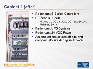 Cabinet 1 (after) Redundant S-Series Controllers S-Series IO Cards AI, AO, DI, DO 24 VDC, DO 120/230VAC, Fieldbus, Serial Redundant UPS Systems Redundant 24 VDC Power Assembled enclosures off-site and dropped into site during switchover 
