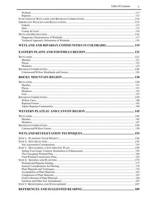 ACKNOWLEDGMENTS .......................................................................................................... vii

INTRODUCTION......................................................................................................................... 1
    What Are “Native” Species? .................................................................................................................................... 1
    Objective and Scope of this Guide ........................................................................................................................... 3
    Before You Begin .................................................................................................................................................... 4
    How To Use This Guide........................................................................................................................................... 5
    Plant Names ............................................................................................................................................................. 6
PLANT BASICS............................................................................................................................ 7
    Life Cycles ............................................................................................................................................................... 8
    Growth Forms .......................................................................................................................................................... 8
    Reproductive Strategies............................................................................................................................................ 9
    Seasonal Growth ...................................................................................................................................................... 9
NATURAL COMMUNITIES .................................................................................................... 11

FLORISTIC REGIONS OF COLORADO .............................................................................. 13

PART I: UPLAND COMMUNITIES ..................................................................................... 15

EASTERN PLAINS AND FOOTHILLS REGION................................................................. 15
GRASSLANDS ...............................................................................................................................................17
    Short-grass Prairie.................................................................................................................................................. 18
    Mid-grass Prairie.................................................................................................................................................... 20
    Tall-grass Prairie .................................................................................................................................................... 21
    Foothills Grassland................................................................................................................................................. 22
SHRUBLANDS ...............................................................................................................................................23
    Saline Bottomland Shrublands ............................................................................................................................... 24
    Sand Sagebrush Prairie........................................................................................................................................... 25
    Mixed Foothills Shrubland..................................................................................................................................... 27
WOODLANDS ...............................................................................................................................................28
    Piñon Pine-Juniper Woodlands .............................................................................................................................. 29
    Ponderosa Pine woodland and Savanna ................................................................................................................. 31
ROCKY MOUNTAIN REGION ............................................................................................... 33
GRASSLANDS ...............................................................................................................................................35
    Montane and Subalpine Grasslands ....................................................................................................................... 36
SHRUBLANDS ...............................................................................................................................................38
    Sagebrush Shrublands ............................................................................................................................................ 39
WOODLANDS ...............................................................................................................................................42
FORESTS ......................................................................................................................................................44
    Douglas-fir Forests................................................................................................................................................. 45
    Lodgepole Pine Forests .......................................................................................................................................... 47
    Aspen Forests ......................................................................................................................................................... 48
    Engelmann Spruce - Subalpine Fir Forests ............................................................................................................ 49
ALPINE TUNDRA ..........................................................................................................................................50
    Alpine Meadows .................................................................................................................................................... 51
 