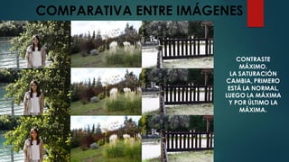 COMPARATIVA ENTRE IMÁGENES
CONTRASTE
MÁXIMO.
LA SATURACIÓN
CAMBIA, PRIMERO
ESTÁ LA NORMAL,
LUEGO LA MÁXIMA
Y POR ÚLTIMO LA
MÁXIMA.
 