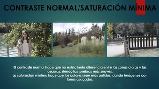 CONTRASTE NORMAL/SATURACIÓN MÍNIMA
El contraste normal hace que no exista tanta diferencia entre las zonas claras y las
oscuras, siendo las sombras más suaves.
La saturación mínima hace que los colores sean más pálidos, dando imágenes con
tonos apagados.
 