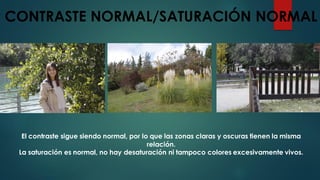 CONTRASTE NORMAL/SATURACIÓN NORMAL
El contraste sigue siendo normal, por lo que las zonas claras y oscuras tienen la misma
relación.
La saturación es normal, no hay desaturación ni tampoco colores excesivamente vivos.
 