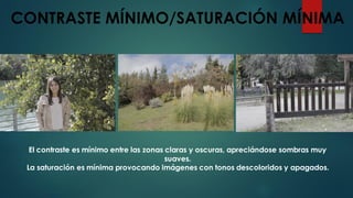 CONTRASTE MÍNIMO/SATURACIÓN MÍNIMA
El contraste es mínimo entre las zonas claras y oscuras, apreciándose sombras muy
suaves.
La saturación es mínima provocando imágenes con tonos descoloridos y apagados.
 