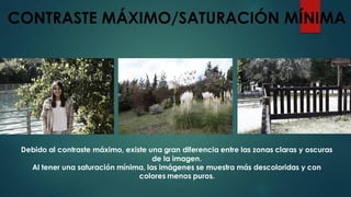 CONTRASTE MÁXIMO/SATURACIÓN MÍNIMA
Debido al contraste máximo, existe una gran diferencia entre las zonas claras y oscuras
de la imagen.
Al tener una saturación mínima, las imágenes se muestra más descoloridas y con
colores menos puros.
 