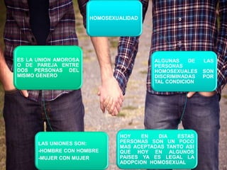 HOMOSEXUALIDAD
ALGUNAS DE LAS
PERSONAS
HOMOSEXUALES SON
DISCRIMINADAS POR
TAL CONDICION
HOY EN DIA ESTAS
PERSONAS SON UN POCO
MAS ACEPTADAS TANTO ASI
QUE HOY EN ALGUNOS
PAISES YA ES LEGAL LA
ADOPCION HOMOSEXUAL
LAS UNIONES SON:
-HOMBRE CON HOMBRE
-MUJER CON MUJER
ES LA UNION AMOROSA
O DE PAREJA ENTRE
DOS PERSONAS DEL
MISMO GENERO
 