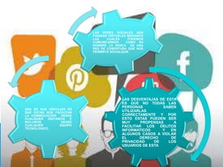 LAS DESVENTAJAS DE ESTA
ES QUE NO TODAS LAS
PERSONAS SABEN
UTILIZARLAS
CORRECTAMENTE Y POR
ESTO ESTAS PUEDEN SER
MUY PROPENSAS A
FACILITAR LOS DELITOS
INFORMATICOS Y EN
ALGUNOS CASOS A VIOLAR
EL DERECHO DE
PRIVACIDAD DE LOS
USUARIOS DE ESTA
UNA DE SUS VENTAJAS ES
QUE ESTAS NOS FACILITAN
LA COMINUCACION DESDE
CUALQUIER DISTANCIA E
INCLUSIVE DESDE
CUALQUIER EQUIPO
TECNOLOGICO.
LAS REDES SOCIALES SON
PAGINAS VIRTUALES MEDIANTE
LAS CUALES PODEMOS
COMUNICARNOS COMO SU
NOMBRE LO INDICA ES UNA
RED DE COBERTURA QUE NOS
PERMIRTE SOCIALIZAR.
 