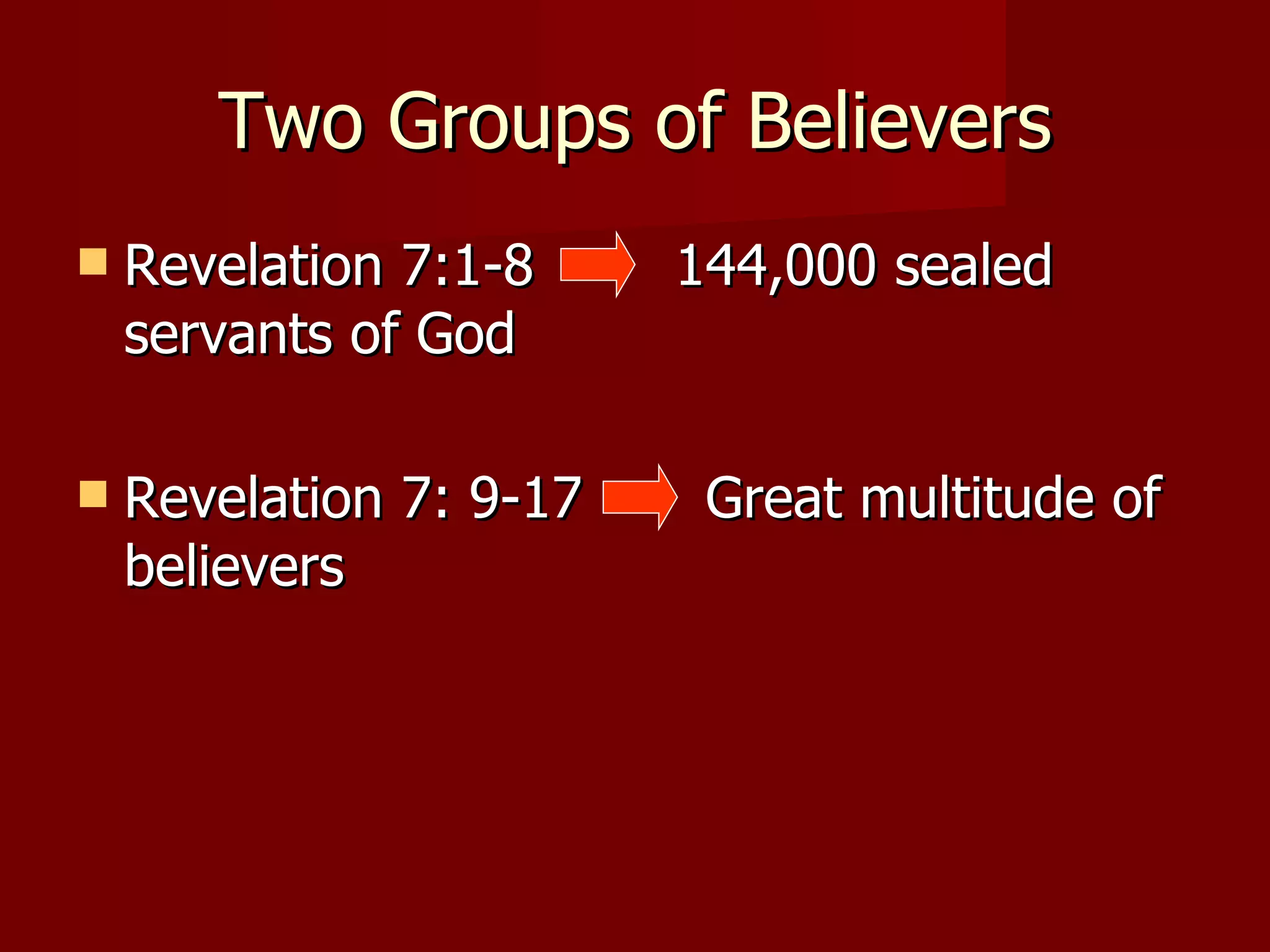 Two Groups of Believers Revelation 7:1-8  144,000 sealed servants of God  Revelation 7: 9-17  Great multitude of believers 