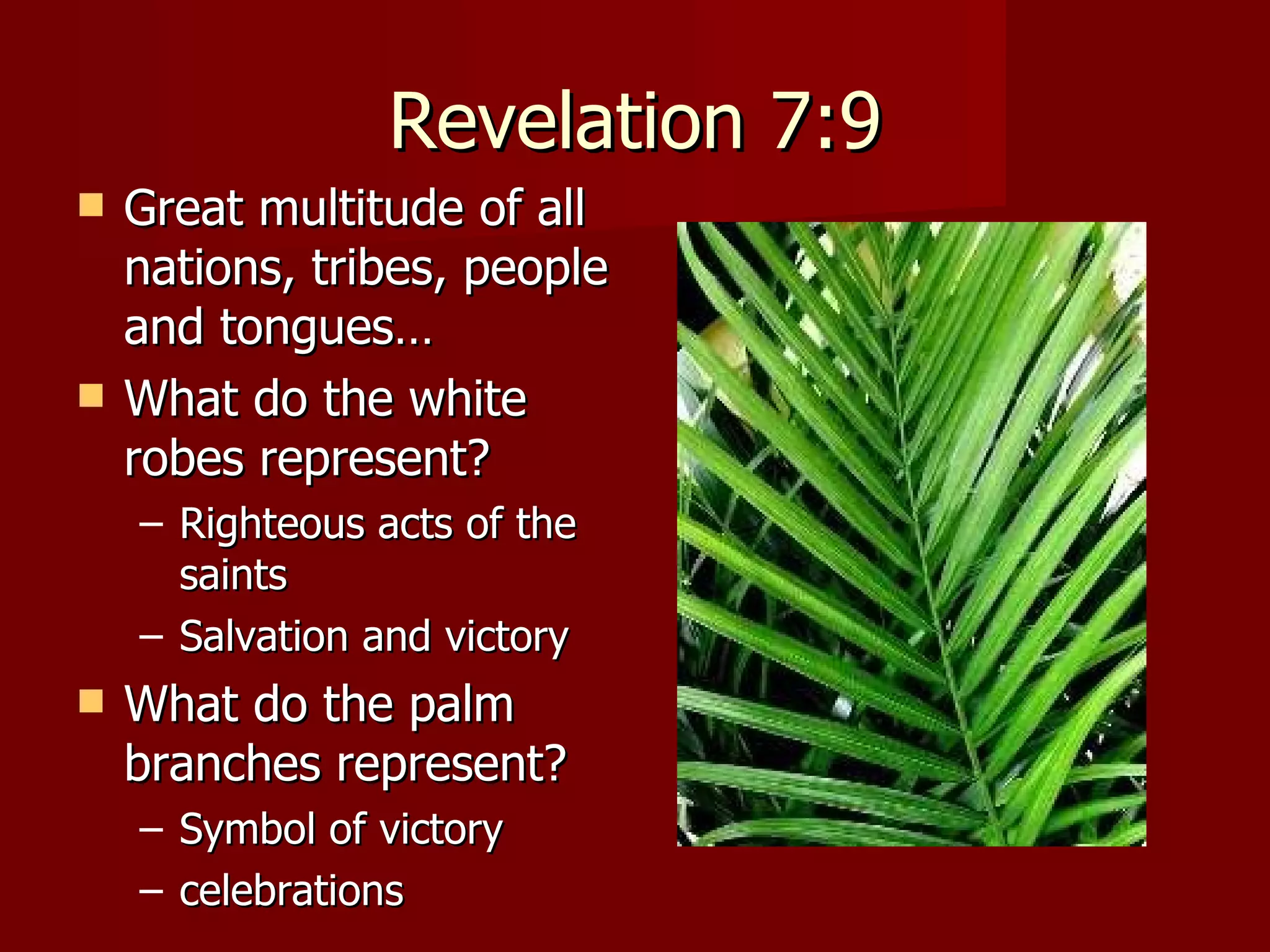 Revelation 7:9 Great multitude of all nations, tribes, people and tongues… What do the white robes represent? Righteous acts of the saints Salvation and victory What do the palm branches represent? Symbol of victory celebrations 