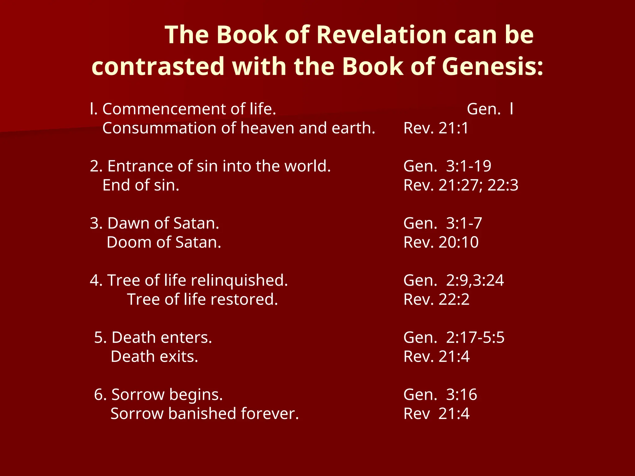 The Book of Revelation can be
contrasted with the Book of Genesis:
l. Commencement of life. Gen. l
Consummation of heaven and earth. Rev. 21:1
2. Entrance of sin into the world. Gen. 3:1-19
End of sin. Rev. 21:27; 22:3
3. Dawn of Satan. Gen. 3:1-7
Doom of Satan. Rev. 20:10
4. Tree of life relinquished. Gen. 2:9,3:24
Tree of life restored. Rev. 22:2
5. Death enters. Gen. 2:17-5:5
Death exits. Rev. 21:4
6. Sorrow begins. Gen. 3:16
Sorrow banished forever. Rev 21:4
 