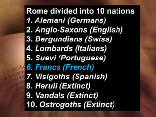 Rome divided into 10 nations
1. Alemani (Germans)
2. Anglo-Saxons (English)
3. Bergundians (Swiss)
4. Lombards (Italians)
5. Suevi (Portuguese)
6. Francs (French)
7. Visigoths (Spanish)
8. Heruli (Extinct)
9. Vandals (Extinct)
10. Ostrogoths (Extinct)
 