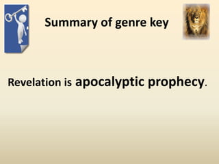 Summary of genre key



Revelation is apocalyptic prophecy.
 
