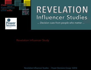 Revelation Influencer Studies -- Power Decisions Group ©2016
A custom Revelation Influencer Study is a fast turnaround qualitative
marketing research study that employs peer-level conversational
interviews with key buyers and purchase decision influencers. Based
on the data and insights we harvest, we deliver fresh and practical
action ideas for your brands and marketing programs.
 