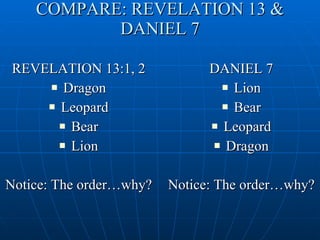 COMPARE: REVELATION 13 & DANIEL 7 REVELATION 13:1, 2 Dragon Leopard Bear Lion Notice: The order…why? DANIEL 7 Lion Bear Leopard Dragon Notice: The order…why? 