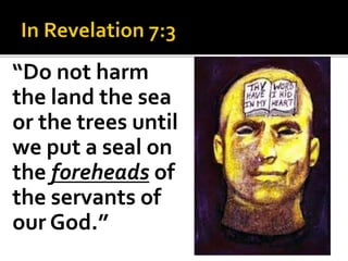 “Do not harm
the land the sea
or the trees until
we put a seal on
the foreheads of
the servants of
our God.”
 