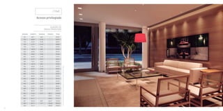/ Portaria Lounge
/ Hall
Acesso privilegiado
QUADRO DE
ÁREAS PRIVATIVAS
UNIDADE COBERTA VARANDA TERRAÇO TOTAL ESTACIONAMENTO
101 80,7 8,85 89,55 1-
102 68,38 21,35 89,73 1-
103 65,39 15,35 80,74 1
104 67,27 21,55 88,82 1
-
-
105 77,61 4,62 82,23 1-
201 80,70 8,85 89,55 1-
202 68,38 21,37 89,75 1-
203 68,84 15,84 84,68 1-
204 65,39 14,35 79,74 1-
205 67,27 20,99 88,26 1-
206 77,61 4,62 82,23 1-
301 80,70 8,85 89,55 1-
302 68,38 21,35 89,73 1-
303 65,39 15,34 80,73 1-
304 67,27 21,55 88,82 1-
305 77,61 4,62 82,23 1-
401 80,70 8,85 89,55 1-
402 68,38 21,37 89,75 1-
403 68,84 15,59 84,43 1-
404 65,39 15,44 80,83 1-
405 67,27 20,99 88,26 1-
406 77,61 4,62 82,23 1-
501 80,70 8,75 89,45 1-
502 76,65 15,71 130,50 138,14
503 67,97 - 161,34 193,37
504 66,11 - 91,12 125,01
601 103,24 8,85 145,36 133,27
602 89,11 1,19 205,36 1115,06
603 96,14 - 225,03 2128,89
Todasasunidadespossuem1vagadegaragememescritura,exceto603,com2vagas.
1514
 