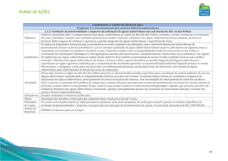 PLANO DE AÇÕES
143
Componente 2: Gestão da Oferta de Água
Programa 2.1: Gerenciamento dos recursos hídricos subterrâneos
2.1.3: Avaliação de potencialidades e impactos da utilização de águas subterrâneas nas sub-bacias do Alto rio das Velhas
Objetivos
Elaborar um estudo sobre o comportamento das águas subterrâneas na região do Alto Rio das Velhas, de modo a avaliar o potencial e os impactos
dos usos realizados, visando criar condições técnicas para melhor entender a dinâmica das águas subterrâneas desses sistemas, de forma a
fornecer dados capazes de embasar e aprimorar a gestão integrada das águas subterrâneas e superficiais da bacia.
Justificativa
Os dados do diagnóstico indicaram que ao persistirem as atuais condições de explotação, sem o desenvolvimento de ações efetivas de
gerenciamento desses recursos, a tendência é que os volumes explotados de água subterrânea venham superar, pelo menos em algumas áreas, a
capacidade de produção dos aquíferos. Ressalta-se que a base dos estudos sobre as disponibilidades hídricas na bacia do rio das Velhas é
constituída de informações hidrológicas e hidrogeológicas consideradas quantitativa e qualitativamente insuficientes para estabelecer um regime
de exploração das águas subterrâneas na região. Neste contexto, fica evidente a necessidade de serem criadas condições técnicas para melhor
entender a dinâmica das águas subterrâneas, de forma a fornecer dados capazes de embasar a gestão integrada das águas subterrâneas e
superficiais na região e garantir condições para a manutenção das atividades agrícolas e a sustentabilidade ambiental. Especificamente no trecho
Alto da Bacia, o programa, e esta ação, em particular, se justificam pela presença, em grande escala, da mineração, com manejo de águas
subterrâneas para rebaixamento de lençol nas áreas de exploração.
Atividades
Nesta ação, focada na região do Alto Rio das Velhas, deverão ser desenvolvidos estudos específicos para a avaliação das potencialidades de uso das
águas subterrâneas, quantificando as disponibilidades hídricas em cada sub-sistema. Ao mesmo tempo, devem ser avaliados os impactos da
exploração das águas subterrâneas, principalmente nas áreas de exploração mineral, com necessidade de rebaixamento do nível dos aquíferos.
Deve-se prever a realização de trabalhos de campo, para cadastro de poços em operação e testes de bombeamento nos locais de monitoramento já
previstos na ação relativa a esta questão. Assim, espera-se que a ação resulte no conhecimento hidrogeológico regional, que permita conceber um
modelo da dinâmica das águas subterrâneas, orientando a gestão, principalmente quanto aos processos de autorização (outorga e licença) dos
atuais e futuros empreendimentos.
Indicadores Estudos realizados e relatórios publicados.
Metas Realização dos estudos e publicação dos relatórios finais conclusivos em até 4 anos.
Estimativa
de custos
Os custos com monitoramento já estão previstos na primeira ação deste programa, de modo que se prevê, apenas, os estudos específicos de
avaliação de potencialidades e impactos, com previsão da realização de levantamentos de campo. O custo total estimado é de R$ 2.500.000,00.
Fontes de
Recursos
FHIDRO e Cobrança pelo uso da água.
 