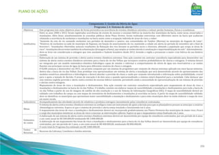 PLANO DE AÇÕES
153
Componente 2: Gestão da Oferta de Água
Programa 2.4: Sistema de alerta
Objetivos Este programa tem como objetivos atuar de forma preventiva na ocorrência de eventos climáticos extremos e reduzir perdas humanas, físicas e econômicas.
Justificativa
Entre os anos 2000 e 2012, foram registradas ocorrências de evento de excesso e escassez hídrica na maioria dos municípios da bacia, como secas, enxurradas e
inundações. Além disso, simultaneamente às consultas públicas deste Plano Diretor, foram realizadas entrevistas com diferentes atores da bacia que acabaram
relatando a ocorrência de enchentes e inundações na bacia assim como a ocupação indevida de áreas de risco, a saber:
“Aumento da cota do rio causando enchentes nos períodos de dezembro e janeiro, nas comunidades do Tambor (Marisia) no município de Augusto de Lima”;
“Histórico de enchentes na sede do município de Raposos, em função do assoreamento do rio, mantendo a cidade em alerta no período de novembro até o final de
fevereiro”; “Inundações ribeirinhas naturais resultantes da flutuação dos rios durante os períodos secos e chuvosos, afetando a população que ocupa as áreas de
risco”; Inundações decorrentes também da urbanização (drenagem urbana), que amplia as vazões devido à canalização e impermeabilização do solo”. Adicionalmente,
deve-se levar em consideração a estiagem que vem assolando o Sudeste brasileiro desde 2012, levando a região a presenciar a maior crise hídrica da sua história
recente.
Atividades
Elaboração de um sistema de previsão e alerta contra eventos climáticos extremos: Esta ação consiste em contratar consultoria especializada para desenvolver um
sistema de alerta contra eventos climáticos extremos para a bacia do rio das Velhas que incorpore cenários probabilísticos de chuvas e estiagens. O sistema deverá
ser integrado por um modelo matemático-climático-hidrológico capaz de simular e informar o comportamento de níveis de água nos reservatórios e as vazões
fluentes nos principais cursos de água da bacia para diferentes cenários de chuva e estiagem.
O IGAM começou a desenvolver em 2015, um projeto composto por um sistema de prognóstico por conjunto de chuvas extremas aplicado em cinco bacias mineiras,
dentre elas a bacia do rio das Velhas. Esse protótipo visa operacionalizar um sistema de alerta a inundação que será desenvolvido através do aprimoramento dos
modelos numéricos atmosféricos e hidrológicos e deverá abordar a previsão de chuva e vazão por conjunto introduzindo a informação sobre probabilidade, crucial
para o apoio a tomada de decisão. O prazo de execução é de dois anos e quando operacionalizado o sistema estará disponível para a sociedade. Cabe destacar que
esse sistema engloba previsão e alerta contra eventos de excesso hídrico somente, persistindo ainda a necessidade de operacionalização de um sistema de previsão
e alertas contra estiagens.
Mapeamento de áreas de risco a inundações e deslizamentos: Esta ação consiste em contratar consultoria especializada para mapeamento de áreas de risco a
inundações e deslizamentos na bacia do rio das Velhas. O trabalho consiste em elaborar mapas de suscetibilidade a inundações e deslizamentos para toda a bacia do
rio das Velhas a partir do uso de imagens de satélite de alta resolução e o uso de Sistema de Informações Geográficas (SIG). O mapa de suscetibilidade deverá ser
validado com trabalhos de campo ou com mapas de inventários de deslizamentos e inundações já ocorridas na bacia. A partir do mapa de suscetibilidade validado,
deve-se identificar os municípios que apresentam maior suscetibilidade a inundação e deslizamento e para estes municípios deve-se então elaborar o mapa de risco
em maior escala.
Indicadores Acompanhamento das atividades através de relatórios e produtos entregues mensalmente pelas consultoras contratadas.
Metas
O sistema de alerta contra eventos climáticos extremos se configura como um instrumento de apoio a decisão para que os planejadores possam se antecipar a cenários
climatológicos extremos. Espera-se que o sistema de previsão e alerta esteja instalado e funcionando em 6 anos.
O mapeamento das áreas de risco a inundações e deslizamentos deverá ser incorporado gradativamente aos Planos Diretores dos municípios de maior risco. Ficará
a cargo dos municípios monitorar as áreas de risco e executar as intervenções cabíveis. Espera-se que o mapeamento esteja finalizado em 2 anos.
Estimativa
de custos
A elaboração de um sistema de alerta contra eventos climáticos extremos deverá ser desenvolvida por equipe de consultores contratados, por um período de 6 anos,
a um custo anual de R$ 500.000,00 totalizando R$ 3.000.000,00.
A elaboração de um mapeamento das áreas de risco a inundações e deslizamentos para a bacia do rio das Velhas deverá ser desenvolvido por equipe de consultores
contratados, por um período de 2 anos, a um custo anual de R$ 400.000,00, totalizando R$ 800.000,00.
O custo total do Programa fica estimado em R$ 3.800.000,00.
Fontes de
Recursos
Recursos da Cobrança, Convênios e fundos setoriais.
 