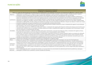 PLANO DE AÇÕES
160
Componente 3: Saneamento Ambiental
Programa 3.3: Esgotamento sanitário
Ação 3.3.1: Ações de alavancagem de investimentos para implantação e/ou ampliação de Estações de Tratamento de Efluentes e redes de coleta
Objetivos
Implementar ou ampliar ETEs e redes de coleta em municípios populosos visando aumentar o índice de esgoto coletado e tratado, visando o
tratamento a nível secundário de 90% do esgoto sanitário dos municípios com mais de 20 mil habitantes até o ano de 2030.
Justificativa
Os maiores problemas de qualidade de água na bacia do rio das Velhas estão associados, principalmente, aos esgotos sanitários, sendo que os
índices de atendimento de coleta na bacia variam significativamente. A grande maioria dos municípios não tem coleta ou apresenta um indicador
baixíssimo. O tratamento de esgotos é extremamente deficitário na bacia gerando uma significativa carga remanescente de DBO (Demanda
Bioquímica de Oxigênio), nitrogênio amoniacal (NH4) e fósforo total. Das 44 sedes urbanas localizadas na bacia do rio das Velhas, segundo dados
informados ao SNIS (2010), 25 sedes urbanas não dispõem de qualquer tipo de tratamento de efluentes e lançam seus dejetos in natura nos corpos
receptores, resultando em cargas incompatíveis com a auto-depuração na maioria dos trechos.
Atividades
O papel do CBH Rio das Velhas pode ser essencialmente político-gerencial ou político-financeiro, já que o tratamento de esgotos é uma atribuição
dos municípios e dos serviços de saneamento em operação.
No campo político-gerencial, o CBH Rio das Velhas pode induzir o tratamento dos esgotos pela fixação de critérios de outorga e/ou de valores para
cobrança mais restritivos para os municípios com baixa cobertura de coleta e tratamento dos esgotos em consonância com os horizontes e metas
parciais propostas no enquadramento das águas.
No campo político-financeiro, o CBH Rio das Velhas pode apoiar diretamente a execução de projetos de coleta e tratamento de esgotos na bacia,
sendo que esse apoio pode ser de forma isolada ou em parceria com as concessionárias como a COPASA.
Para dirimir as incertezas sobre essa necessidade e considerando a importância da bacia no contexto estadual, repete-se a proposta de realização
de um seminário sobre as condições futuras dos sistemas de esgotamento sanitário e tratamento de efluentes da bacia. Desse seminário devem
resultar as necessidades de investimento para o atingimento das metas do Plano de Bacia, com indicação dos montantes necessários para serem
alocados em cada sistema e a necessidade de complementação por parte dos recursos da cobrança.
Indicadores Aumento dos indicadores de saneamento ambiental para atendimento às exigências legais.
Metas Atingir, até o ano de 2030, o tratamento a nível secundário de 90% do esgoto sanitário dos municípios com mais de 20 mil habitantes.
Estimativa
de custos
Os custos envolvidos com o seminário foram estimados em R$ 50.000,00, considerando-se as atividades preliminares, reuniões preparatórias e
despesas de locação de espaço, alimentação e hospedagem. O aporte necessário para complementação deve servir para alavancar outras fontes,
considerando-se que os investimentos necessários serão significativos baseando-se na situação atual. Como estimativa de valor a ser destinado
para complementação, considerou-se uma verba de 3 vezes o valor destinado ao abastecimento de água, ou seja, R$ 8,7 milhões para serem
aplicados entre 2015 e 2025, sempre consistido em um programa de atingimento de metas progressivas a serem comprovadas pelas autarquias e
concessionárias.
Fontes de
Recursos
Para a implantação das ações e execução dos projetos, os recursos devem ser provenientes da administração direta de prefeituras, autarquias
municipais e COPASA. Para o seminário, recursos oriundos da Cobrança.
 