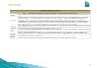 PLANO DE AÇÕES
163
Componente 3: Saneamento Ambiental
Programa 3.4: Resíduos sólidos
Ação 3.4.2: Implantação de Unidades de Triagem e Compostagem - UTCs locais ou em consórcios regionais
Objetivos
Implantação de Unidades de Triagem e Compostagem e promoção de outras formas de investimento para a destinação final adequada dos resíduos
sólidos.
Justificativa
A solução adequada dos resíduos sólidos depende do tratamento dado ao material coletado, que deve ser separado por natureza e encaminhado
para destinos diferentes, caso sejam recicláveis, inertes ou orgânicos. Para isso, é necessária a implantação das UTC – Unidades de Triagem e
Compostagem nos locais de destinação dos resíduos sólidos de cada consórcio ou, na falta destes, das soluções individuais por município.
A implementação de UTC é um processo recomendado para a reciclagem de resíduos sólidos e consequente redução dos volumes encaminhados a
aterros sanitários. O objetivo é aumentar a eficiência dos serviços e componentes, reduzindo o seu custo. A localização e a concepção das UTCs
deve ser responsabilidade do consórcio e das municipalidades, devendo passar por processo de licenciamento ambiental.
Atividades
Planejar a implantação das UTCs nos municípios pelos consórcios existentes ou em criação, para fins de acompanhamento da melhora da qualidade
dos recursos hídricos na bacia.
Indicadores Número de UTCs locais ou em consórcios regionais implantadas na bacia do rio das Velhas.
Metas
O planejamento da implantação das UTCs depende do resultado do seminário da Ação 3.4.1. Cumprido aquele cronograma, a implantação das UTCs
pode ser planejada até o final de 2016.
Estimativa
de custos
Poderão ser disponibilizados recursos da ordem de R$ 200.000,00 anuais, desembolsados a partir de demandas das prefeituras e gestores dos
consórcios intermunicipais. Sugere-se a seleção dos projetos por meio de edital publicado pela AGB Peixe Vivo, recebendo as respostas e avaliando
as possibilidades de integração entre as propostas.
Fontes de
Recursos
Estes custos devem ser assumidos pelos consórcios intermunicipais, contando com as fontes de financiamento diversas.
 
