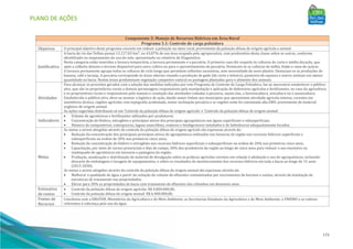 PLANO DE AÇÕES
173
Componente 5: Manejo de Recursos Hídricos em Área Rural
Programa 5.1: Controle de carga poluidora
Objetivos O principal objetivo deste programa consiste em reduzir a poluição no meio rural, proveniente da poluição difusa de origem agrícola e animal.
Justificativa
A bacia do rio das Velhas possui 12.217,03 km², ou 43,87% de sua área ocupada pela agropecuária, com predomínio desta classe sobre as outras, conforme
identificado no mapeamento do uso do solo, apresentado no relatório de Diagnóstico.
Nesta categoria estão inseridas a lavoura temporária, a lavoura permanente e a pecuária. O primeiro caso diz respeito às culturas de curta e média duração, que
após a colheita deixam o terreno disponível para novo cultivo ou para o aproveitamento da pecuária. Destacam-se as culturas de milho, feijão e cana-de-açúcar.
A lavoura permanente agrupa todas as culturas de ciclo longo que permitem colheitas sucessivas, sem necessidade de novo plantio. Destacam-se as produções de
banana, café e laranja. A pecuária corresponde às áreas abertas visando a produção de gado (de corte e leiteiro), pastoreio de equinos e outros animais em menor
quantidade na bacia. Nestas áreas predominam vegetação campestre natural ou pastagem plantadas para o alimento dos animais.
Atividades
Para alcançar os proveitos gerados com a adoção das medidas indicadas por este Programa de Controle de Carga Poluidora, faz-se necessário estabelecer o público-
alvo, que são os proprietários rurais e demais personagens responsáveis pela manipulação e aplicação de defensivos agrícolas e fertilizantes, no caso da agricultura,
e os proprietários rurais e responsáveis pelo manejo e condução das atividades voltadas à pecuária, sejam elas, a bovinocultura, avicultura ou a suinocultura.
Estabelecido o público-alvo, deve-se montar a logística de ação, dando maior ênfase aos municípios que apresentam atividade agrícola intensa, carentes em
assistência técnica, regiões agrícolas com topografia acidentada, maior inclinação pecuária e as regiões onde foi constatada alta DBO, proveniente de material
orgânico de origem animal.
As ações sugeridas distribuem-se em ‘Controle da poluição difusa de origem agrícola’ e ‘Controle da poluição difusa de origem animal’.
Indicadores
• Volume de agrotóxicos e fertilizantes utilizados por produtores;
• Concentração de fósforo, nitrogênio e princípios ativos dos principais agroquímicos nas águas superficiais e subsuperficiais.
• Número de composteiras, esterqueiras, lagoas anaeróbias, reatores e biodigestores instalados e de bebedouros adequadamente locados.
Metas
As metas a serem atingidas através do controle da poluição difusa de origem agrícola são expressas através de:
• Redução da concentração dos principiais princípios ativos de agroquímicos utilizados nas lavouras da região nos recursos hídricos superficiais e
subsuperficiais na ordem de 20% nos primeiros cinco anos;
• Redução da concentração de fósforo e nitrogênio nos recursos hídricos superficiais e subsuperficiais na ordem de 20% nos primeiros cinco anos;
• Capacitação, por meio de cursos presenciais e dias de campo, 50% dos produtores da região ao longo de cinco anos para reduzir o uso excessivo ou
inadequado de agrotóxicos em lavouras e pastagens da região;
• Produção, atualização e distribuição de material de divulgação sobre as práticas agrícolas corretas em relação à adubação e uso de agroquímicos, incluindo
descarte de embalagens e lavagem de equipamentos, e sobre os resultados do monitoramento dos recursos hídricos em toda a bacia ao longo de 15 anos
(2015-2030).
As metas a serem atingidas através do controle da poluição difusa de origem animal são expressas através de:
• Melhorar a qualidade de água a partir da redução do volume de efluentes contaminados por excrementos de bovinos e suínos, através da instalação de
estruturas de tratamento nas propriedades;
• Elevar para 30% as propriedades da bacia com tratamento de efluentes dos rebanhos em dezesseis anos.
Estimativa
de custos
• Controle da poluição difusa de origem agrícola: R$ 4.800.000,00;
• Controle da poluição difusa de origem animal: R$ 6.400.000,00.
Fontes de
Recursos
Convênios com a EMATER, Ministérios da Agricultura e do Meio Ambiente, as Secretarias Estaduais da Agricultura e do Meio Ambiente, o FHIDRO e os valores
referentes à cobrança pelo uso da água.
 