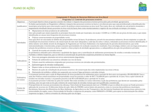 PLANO DE AÇÕES
175
Componente 5: Manejo de Recursos Hídricos em Área Rural
Programa 5.3: Controle de processos erosivos
Objetivos O principal objetivo deste programa consiste em reduzir o impacto dos processos erosivos provocados pela atividade agropecuária.
Justificativa
Os dados apresentados no Diagnóstico refletem o impacto dos processos erosivos na bacia e corroboram para que seja providenciada a identificação dos
municípios prioritários para intervenção a partir de práticas conservacionistas na área rural. Para tanto, deve ser realizado em um primeiro momento o
mapeamento detalhado desses processos na área rural da bacia, bem como monitoramento e registro de sua evolução no tempo e no espaço.
Atividades
• Mapeamento de áreas produtoras de sedimentos
Esta ação propõe que sejam mapeados os principais focos de erosão por município, em escala 1:10.000 ou 1:5.000, em um prazo de dois anos, e que sejam
identificadas as causas mais frequentes de processos erosivos.
• Práticas conservacionistas em propriedades rurais
Essa ação deve ser executada no âmbito das propriedades rurais da bacia. Os produtores, através de mecanismos indutores, devem implantar as ações de
remediação de processos erosivos e de conservação do solo mais adequados a cada tipo de solos e cultura, reduzindo os processos erosivos identificados. O
efeito indutor será obtido através da divulgação de Pagamento por Serviços Ambientais e da implantação de parcelas demonstrativas, que serão
instrumentalizadas e monitoradas, proporcionando oportunidades de avaliação conjunta de resultados. Essa estratégia, embora com um largo prazo para a
solução dos problemas erosivos na bacia, respeita o ritmo próprio da atividade agropecuária e a independência de ação dos produtores privados.
• Controle de erosões em estradas vicinais
Os parâmetros utilizados para relacionar a qualidade das águas com a contribuição de sedimentos provenientes de erosões e estradas vicinais são
Turbidez e Sólidos Suspensos, que se referem à concentração de partículas suspensas presentes na massa líquida.
Indicadores
• Área com pastagens plantadas em terras anteriormente degradadas;
• Volume de sedimentos nas amostras coletadas nos rios da bacia;
• Volume anual de sedimentos originados por processos erosivos em estradas não pavimentadas;
• Quilometragem de estradas readequadas.
Metas
• Mapear todas as áreas produtoras de sedimentos;
• Número de ações de remediação de processos erosivos e de conservação dos solos implantadas nas áreas críticas;
• Diminuição da turbidez e sólidos em suspensão nos cursos d´água próximos a estradas vicinais.
Estimativa
de custos
O orçamento previsto para a ação de Mapeamento de áreas produtoras de sedimentos para o período de dois anos corresponde a R$ 680.000,00. Para a
ação das Práticas conservacionistas em propriedades rurais foi previsto o valor de R$ 5.756.800,00 para o período de 16 anos. Para a ação Controle de
erosões em estradas vicinais, o orçamento previsto é de R$ 4.640.000,00 para o período de 16 anos.
O orçamento previsto é referente às ações do Comitê. Não estão incluídos os custos referentes à ação das prefeituras, que devem ser assumidas pelas
mesmas, uma vez que trata-se de ação rotineira de conservação de estradas vicinais que será qualificada e monitorada.
Fontes de
Recursos
Principal fonte de recursos provenientes da cobrança. Outra fonte de financiamento deve ser o FHIDRO, já que os editais de acesso ao Fundo preveem a
aplicação de recursos em 10 diferentes linhas de ação. Além do FHIDRO, outras fontes são possíveis, como os recursos das prefeituras municipais;
Ruralminas; Recursos dos Ministérios do Meio Ambiente, da Agricultura ou dos Transportes e das Secretarias Estaduais das mesmas áreas; parceria com
universidades da região, como a Universidade de Brasília, e empresas de pesquisa, como EMBRAPA e EPAMIG, para apoio na determinação dos sólidos
suspensos na água; e valores oriundos da cobrança pelo uso da água.
 