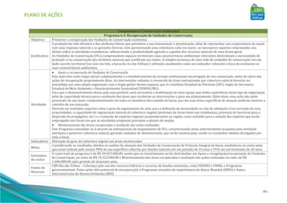PLANO DE AÇÕES
181
Componente 6: Conservação Ambiental
Programa 6.4: Recuperação de Unidades de Conservação
Objetivos Promover a recuperação das Unidades de Conservação existentes.
Justificativa
A proteção da vida silvestre e dos atributos físicos que permitem a sua manutenção e perpetuação, além de representar um compromisso da nação
com suas riquezas naturais e as gerações futuras, vem apresentando uma relevância cada vez maior, ao incorporar aspectos relacionados aos
efeitos sobre as atividades econômicas, influenciando a produtividade agrícola e a gestão dos recursos naturais de uma forma geral.
As Unidades de Conservação (UCs) compreendem espaços territoriais cujas características ambientais relevantes determinam a necessidade de
proteção e/ou conservação dos atributos naturais que justificam seu status. A simples presença de uma rede de unidades de conservação em um
dado recorte territorial (no caso em tela, a bacia do rio das Velhas) é utilizada usualmente como um indicador relevante à hora de avaliarem-se
suas características ambientais.
Atividades
• Apoio a recuperação de Unidades de Conservação
Esta ação tem como etapa inicial o planejamento e o estabelecimento do arranjo institucional encarregado de sua consecução, antes do início das
ações de recuperação propriamente ditas. As intervenções voltadas à conversão de áreas antropizadas por cobertura natural deverão ser
precedidas por uma ampla negociação com o órgão gestor desses espaços, que é o Instituto Estadual de Florestas (IEF), órgão da Secretaria
Estadual de Meio Ambiente e Desenvolvimento Sustentável (SEMAD/MG).
Para que o desenvolvimento dessa ação seja possível, será necessária a mobilização de uma equipe que tenha experiência nesse tipo de negociação,
além de capacidade técnica para a avaliação das áreas que receberão as intervenções e para seu planejamento. Além disso, essa ação não pode
prescindir de um maior comprometimento de todos os membros dos comitês de bacia, que em suas áreas específicas de atuação poderão mostrar o
caminho de sua execução.
Deverão ser avaliados aspectos como o grau de esgotamento do solo, para a definição da necessidade ou não de adubação e/ou correção de suas
propriedades; a capacidade de regeneração natural da cobertura vegetal (presença de áreas-fonte nas vizinhanças, presença de barreiras para a
dispersão de propágulos, etc.) e o conjunto de espécies vegetais preponderantes na região, como subsídio para a seleção das espécies que serão
empregadas nos locais em que as atividades propostas prevejam o plantio de mudas.
• Monitoramento das áreas recuperadas e avaliação das ações realizadas
Este Programa consolidar-se-á através da sobreposição do mapeamento de UCs, caracterizando áreas anteriormente ocupadas pela atividade
antrópica e posterior cobertura natural, gerando unidades de demonstração, que serão monitoradas, sendo os resultados obtidos divulgados por
toda a bacia.
Indicadores Alteração do grau de cobertura vegetal nas áreas monitoradas.
Metas
Considerando os resultados obtidos na análise da situação das Unidades de Conservação de Proteção Integral da bacia, estabeleceu-se como meta
que essas tenham pelo menos 90% de sua superfície cobertas por feições naturais em um período de 10 anos e 95% em um horizonte de 20 anos.
Estimativa
de custos
O custo total do programa é de R$ 20.923.000,00, sendo que os investimentos serão distribuídos em Apoio a revegetação/recuperação de Unidades
de Conservação, no valor de R$ 19.323.000,00 e Monitoramento das áreas recuperadas e avaliação das ações realizadas no valor de R$
1.600.000,00, pelo período de dezesseis anos.
Fontes de
Recursos
CBH Rio das Velhas – Cobrança pelo uso dos recursos hídricos e recursos de fundos existentes, como FHIDRO e FNMA, e Programas
governamentais. Estas ações têm potencial de incorporação a Programas oriundos de empréstimos do Banco Mundial (BIRD) e Banco
Interamericano de Desenvolvimento (BID).
 