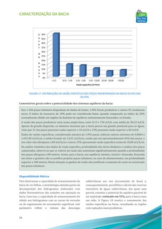 CARACTERIZAÇÃO DA BACIA
56
FIGURA 17: DISTRIBUIÇÃO DA VAZÃO ESPECÍFICA DOS POÇOS INVENTARIADOS NA BACIA DO RIO DAS
VELHAS.
Comentários gerais sobre a potencialidade dos sistemas aquíferos da bacia:
Disponibilidade Hídrica
Para determinar a capacidade de armazenamento da
bacia do rio Velhas, a metodologia adotada partiu da
decomposição dos hidrogramas elaborados com
dados fluviométricos das estações em operação na
bacia. Com isso, a capacidade de armazenamento foi
obtida nos hidrogramas com as curvas de recessão
ou de esgotamento do escoamento superficial, este
parâmetro reflete o volume das descargas
subterrâneas aos rios (escoamento de base) e,
consequentemente, possibilita o cálculo das reservas
renováveis de águas subterrâneas, das quais uma
parcela constitui o potencial do aquı́fero passı́vel de
ser explotado, estimado em 35%, para a bacia como
um todo. A Figura 18 mostra o zoneamento das
vazões especı́ficas na bacia, ressaltando as regiões
com captações mais produtivas.
Dos 1.184 poços tubulares dispunham de dados de testes, 1.092 foram produtivos e outros 92 resultaram
secos. O ı́ndice de insucesso de 10% pode ser considerado baixo, quando comparado ao ı́ndice de 20%
normalmente obtido em regiões de domı́nio de aquı́feros exclusivamente fissurados, no Estado.
A vazão dos poços produtivos varia numa ampla faixa, entre 0,13 e 720 m3/h, com média de 30,32 m3/h.
Apesar da grande dispersão, os números mostram que a bacia possui um grande potencial para as águas,
visto que 31 dos poços possuem vazão superior a 10 m3/h e 13% possuem vazão superior a 60 m3/h.
Dados de vazões especı́ficas, considerando amostra de 1.092 poços, indicam valores extremos de 0,0004 e
1.691,00 m3/h/m, a média ficando em 12,01 m3/h/m, sendo que em aproximadamente 64% dos poços, o
seu valor não ultrapassa 1,00 m3/h/m e outros 15% apresentam vazão especı́fica acima de 10,00 m3/h/m.
Na análise estatı́stica dos dados de vazão especifica, profundidade dos nı́veis dinâmico e estático dos poços
cadastrados, observa-se que os valores da vazão não aumentam significativamente quando a profundidade
dos poços ultrapassa 100 metros. Assim, para a bacia, nos aquı́feros cárstico, cárstico- fissurado, fissurado
em xistos e granitos não se justifica projetar poços tubulares, no caso de abastecimento, em profundidade
superior a 100 metros. Nesta situação os ganhos de vazão não justificam o aumento de custo na construção
dos poços tubulares.
Vazão específica (m³/h/m)
 
