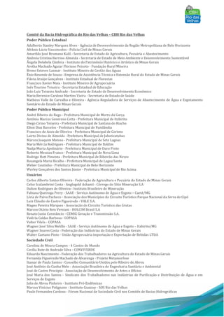 Comitê da Bacia Hidrográfica do Rio das Velhas – CBH Rio das Velhas
Poder Público Estadual
Adalberto Stanley Marques Alves - Agência de Desenvolvimento da Região Metropolitana de Belo Horizonte
Afrânio Lúcio Vasconcelos - Policia Civil de Minas Gerais
Amarildo José Brumano Kalil - Secretaria de Estado de Agricultura, Pecuária e Abastecimento
Andreia Cristina Barroso Almeida - Secretaria de Estado de Meio Ambiente e Desenvolvimento Sustentável
Ângela Dolabela Cânfora - Instituto do Patrimônio Histórico e Artístico de Minas Gerais
Aretha Machado Aguiar Floriano Peixoto - Fundação Rural Mineira
Breno Esteves Lasmar - Instituto Mineiro de Gestão das Águas
Ênio Resende de Souza - Empresa de Assistência Técnica e Extensão Rural do Estado de Minas Gerais
Flávia Araújo Gonçalves - Instituto Estadual de Florestas
Francisco Xavier Maia - Instituto Mineiro de Agropecuária
Inês Tourino Teixeira - Secretaria Estadual de Educação
João Luiz Teixeira Andrade - Secretaria de Estado de Desenvolvimento Econômico
Maria Berenice Cardoso Martins Vieira - Secretaria de Estado de Saúde
Matheus Valle de Carvalho e Oliveira - Agência Reguladora de Serviços de Abastecimento de Água e Esgotamento
Sanitário do Estado de Minas Gerais
Poder Público Municipal
André Ribeiro do Rego - Prefeitura Municipal de Morro da Garça
Antônio Marcos Generoso Cotta - Prefeitura Municipal de Itabirito
Diego Cirino Teixeira - Prefeitura Municipal de Santana do Riacho
Elton Dias Barcelos - Prefeitura Municipal de Funilândia
Francisco de Assis de Oliveira - Prefeitura Municipal de Corinto
Lairto Divino de Almeida - Prefeitura Municipal de Jaboticatubas
Marcos Joaquim Matoso - Prefeitura Municipal de Sete Lagoas
Maria Mércia Rodrigues - Prefeitura Municipal de Baldim
Nadja Murta Apolinário - Prefeitura Municipal de Ouro Preto
Roberto Messias Franco - Prefeitura Municipal de Nova Lima
Rodrigo Hott Pimenta - Prefeitura Municipal de Ribeirão das Neves
Rosangela Maria Bicalho - Prefeitura Municipal de Lagoa Santa
Weber Coutinho - Prefeitura Municipal de Belo Horizonte
Werley Gonçalves dos Santos Júnior - Prefeitura Municipal de Rio Acima
Usuários
Carlos Alberto Santos Oliveira - Federação da Agricultura e Pecuária do Estado de Minas Gerais
Celso Scalambrini Costa - Anglogold Ashanti - Córrego do Sítio Mineração S.A
Dalton Rodrigues de Oliveira - Instituto Brasileiro de Mineração
Fabiana Queiroga Perry - SAAE - Serviço Autônomo de Água e Esgoto – Caeté/MG
Lívia de Paiva Pacheco - Associação dos Municípios do Circuito Turístico Parque Nacional da Serra do Cipó
Luiz Cláudio de Castro Figueiredo - VALE S.A.
Magno Pereira Marques - Associação do Circuito Turístico das Grutas
Marcos Otávio Reis Versiani - HOLCIM Brasil S.A
Renato Junio Constâncio - CEMIG Geração e Transmissão S.A.
Valéria Caldas Barbosa - COPASA
Valter Vilela - COPASA
Wagner José Silva Melillo - SAAE - Serviço Autônomo de Água e Esgoto – Itabirito/MG
Wagner Soares Costa - Federação das Indústrias do Estado de Minas Gerais
Walter Caetano Pinto - União Agropecuária importação e Exportação de Bebidas LTDA
Sociedade Civil
Carolina de Moura Campos - 4 Cantos do Mundo
Cecília Rute de Andrade Silva - CONVIVERDE
Eduardo Nascimento - Federação dos Trabalhadores na Agricultura do Estado de Minas Gerais
Fernanda Figueiredo Machado de Alvarenga - Projeto Metamorfose
Itamar de Paula Santos - Conselho Comunitário Unidos pelo Ribeiro de Abreu
José Antônio da Cunha Melo - Associação Brasileira de Engenharia Sanitária e Ambiental
José de Castro Procópio - Associação de Desenvolvimento de Artes e Ofícios
José Maria dos Santos - Sindicato dos Trabalhadores nas Indústrias de Purificação e Distribuição de Água e em
Serviços de Esgoto
Julia de Abreu Pinheiro - Instituto Pró-Endêmicas
Marcus Vinícius Polignano - Instituto Guaicuy - SOS Rio das Velhas
Paulo Fernandes Cardoso - Fórum Nacional de Sociedade Civil nos Comitês de Bacias Hidrográficas
 
