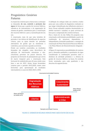 PROGNÓSTICO: CENÁRIOS FUTUROS
77
Prognóstico: Cenários
Futuros
A criação dos cenários para a bacia visou a antecipar
as demandas de uso, controle e proteção das
águas de forma que a gestão de recursos hı́dricos,
valendo-se de instrumentos e da organização do
sistema de gestão, contribuı́sse para a conservação
dos recursos hı́dricos e para a racionalização do seu
uso.
A cenarização, mais do que uma tentativa de
previsão, é um esforço de identificação de aspectos
crı́ticos, para os quais deverão ser pensadas
alternativas de gestão que os minimizem e
controlem, caso ocorram e quando ocorrerem.
Frente aos cenários construı́dos, os resultados
desejados são atingidos como decorrência da
aplicação de intervenções estruturais e não-
estruturais, previstas em prazos diversos. Foi
proposto um horizonte de planejamento que serviu
de marco temporal para a cenarização. Este
horizonte foi estabelecido para 20 anos, tendo como
base o ano de 2015. Assim, foram formulados
cenários para o perı́odo 2015/2035, tendo como
horizontes para apresentação de resultados
intermediários os anos de 2020, 2025 e 2030.
A definição do enfoque dado aos cenários criados
passa por uma análise do diagnóstico realizado no
que tange à identificação das influências externas à
bacia. Foram utilizados modelos desenvolvidos no
âmbito nacional e estadual, os quais serviram de
base para a composição dos cenários da bacia.
Para a bacia do rio das Velhas foi proposta uma
cenarização confrontando possibilidades a partir da
combinação de processos dependentes e
independentes, formando quadrantes, a exemplo da
cenarização do Plano Nacional de Recursos Hı́dricos
e do Plano Mineiro de Desenvolvimento Integrado -
PMDI.
A Figura 31 representa as possibilidades de cenários
para a demanda qualitativa e quantitativa de água
considerando as combinações possı́veis entre a
dinâmica da atividade produtiva e a eficácia da
gestão de recursos hı́dricos na bacia. Os cenários
foram nominados para cada quadrante e são
descritos da seguinte forma:
FIGURA 31: CENÁRIOS DE RECURSOS HÍDRICOS PARA A BACIA DO RIO DAS VELHAS.
 