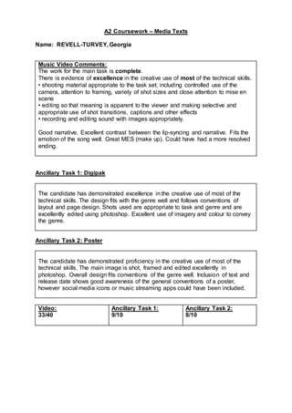 A2 Coursework – Media Texts
Name: REVELL-TURVEY, Georgia
Music Video Comments:
The work for the main task is complete.
There is evidence of excellence in the creative use of most of the technical skills.
• shooting material appropriate to the task set; including controlled use of the
camera, attention to framing, variety of shot sizes and close attention to mise en
scene
• editing so that meaning is apparent to the viewer and making selective and
appropriate use of shot transitions, captions and other effects
• recording and editing sound with images appropriately.
Good narrative. Excellent contrast between the lip-syncing and narrative. Fits the
emotion of the song well. Great MES (make up). Could have had a more resolved
ending.
Ancillary Task 1: Digipak
The candidate has demonstrated excellence in the creative use of most of the
technical skills. The design fits with the genre well and follows conventions of
layout and page design. Shots used are appropriate to task and genre and are
excellently edited using photoshop. Excellent use of imagery and colour to convey
the genre.
Ancillary Task 2: Poster
The candidate has demonstrated proficiency in the creative use of most of the
technical skills. The main image is shot, framed and edited excellently in
photoshop. Overall design fits conventions of the genre well. Inclusion of text and
release date shows good awareness of the general conventions of a poster,
however social media icons or music streaming apps could have been included.
Video:
33/40
Ancillary Task 1:
9/10
Ancillary Task 2:
8/10
 