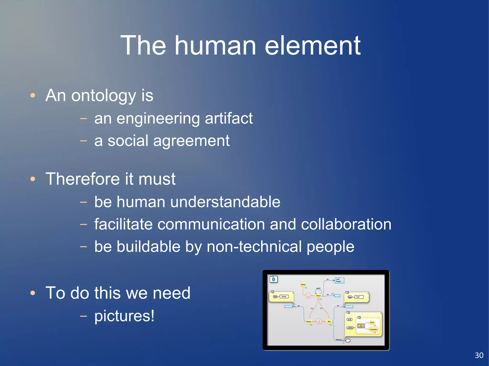 The human element
●   An ontology is
        –   an engineering artifact
        –   a social agreement

●   Therefore it must
        –   be human understandable
        –   facilitate communication and collaboration
        –   be buildable by non-technical people

●   To do this we need
        –   pictures!

                                                         30
 