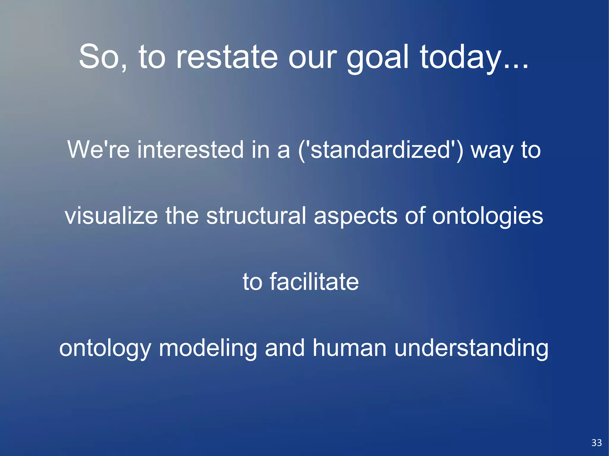 So, to restate our goal today...

We're interested in a ('standardized') way to

visualize the structural aspects of ontologies

                 to facilitate

ontology modeling and human understanding


                                                 33
 