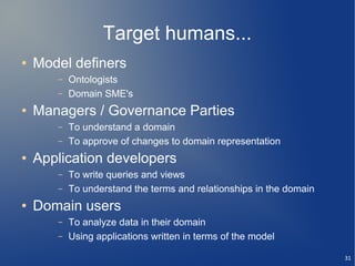 Target humans...
●   Model definers
       –   Ontologists
       –   Domain SME's
●   Managers / Governance Parties
       –   To understand a domain
       –   To approve of changes to domain representation
●   Application developers
       –   To write queries and views
       –   To understand the terms and relationships in the domain
●   Domain users
       –   To analyze data in their domain
       –   Using applications written in terms of the model

                                                                     31
 