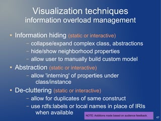 Visualization techniques
        information overload management
●   Information hiding (static or interactive)
        –   collapse/expand complex class, abstractions
        –   hide/show neighborhood properties
        –   allow user to manually build custom model
●   Abstraction (static or interactive)
        –   allow 'interning' of properties under
              class/instance
●   De-cluttering (static or interactive)
        –   allow for duplicates of same construct
        –   use rdfs:labels or local names in place of IRIs
              when available       NOTE: Additions made based on audience feedback.
                                   NOTE: Additions made based on audience feedback.
                                                                                      47
 