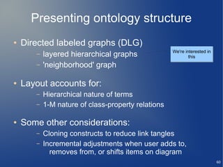 Presenting ontology structure
●   Directed labeled graphs (DLG)
                                                    We're interested in
       –   layered hierarchical graphs                      this
       –   'neighborhood' graph

●   Layout accounts for:
       –   Hierarchical nature of terms
       –   1-M nature of class-property relations

●   Some other considerations:
       –   Cloning constructs to reduce link tangles
       –   Incremental adjustments when user adds to,
             removes from, or shifts items on diagram
                                                                          60
 
