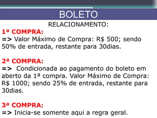 BOLETO
RELACIONAMENTO:
1ª COMPRA:
=> Valor Máximo de Compra: R$ 500; sendo
50% de entrada, restante para 30dias.
2ª COMPRA:
=> Condicionada ao pagamento do boleto em
aberto da 1ª compra. Valor Máximo de Compra:
R$ 1000; sendo 25% de entrada, restante para
30dias.
3ª COMPRA:
=> Inicia-se somente aqui a regra geral.
 