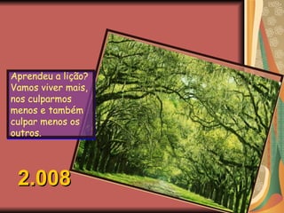Aprendeu a lição? Vamos viver mais, nos culparmos menos e também culpar menos os outros. 2.008 