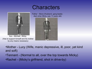 Characters Son - Michael - Micky  (Has to support himself and his mother by any means necessary) Father - Steve (Husband, gang leader, died when Micky was 13 years old) Mother - Lucy (Wife, manic depressive, ill, poor, yet kind and soft) Tennant - (Normal to all, over the top towards Micky) Rachel - (Micky’s girlfriend, shot in drive-by) 