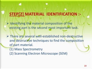 19
STEP[2] MATERIAL IDENTIFICATION :-
 Identifying the material composition of the
existing part is the second most important task.
 There are several well-established non-destructive
and destructive techniques to find the composition
of part material.
(1) Mass Spectrometry
(2) Scanning Electron Microscope (SEM)
 