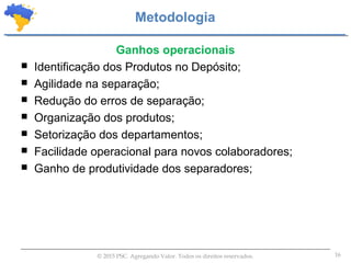 16© 2015 PSC. Agregando Valor. Todos os direitos reservados.
Ganhos operacionais
 Identificação dos Produtos no Depósito;
 Agilidade na separação;
 Redução do erros de separação;
 Organização dos produtos;
 Setorização dos departamentos;
 Facilidade operacional para novos colaboradores;
 Ganho de produtividade dos separadores;
Metodologia
 