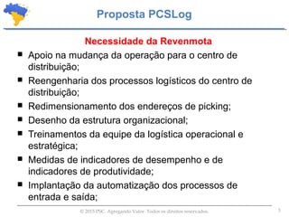 3© 2015 PSC. Agregando Valor. Todos os direitos reservados.
Necessidade da Revenmota
 Apoio na mudança da operação para o centro de
distribuição;
 Reengenharia dos processos logísticos do centro de
distribuição;
 Redimensionamento dos endereços de picking;
 Desenho da estrutura organizacional;
 Treinamentos da equipe da logística operacional e
estratégica;
 Medidas de indicadores de desempenho e de
indicadores de produtividade;
 Implantação da automatização dos processos de
entrada e saída;
Proposta PCSLog
 